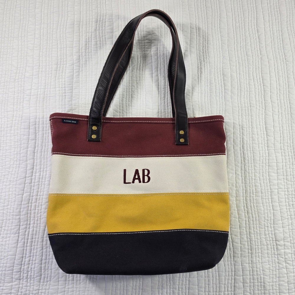 Lands End Canvas Tote Bag Striped Monogram LAB Leather Handle Multi-Color Bag